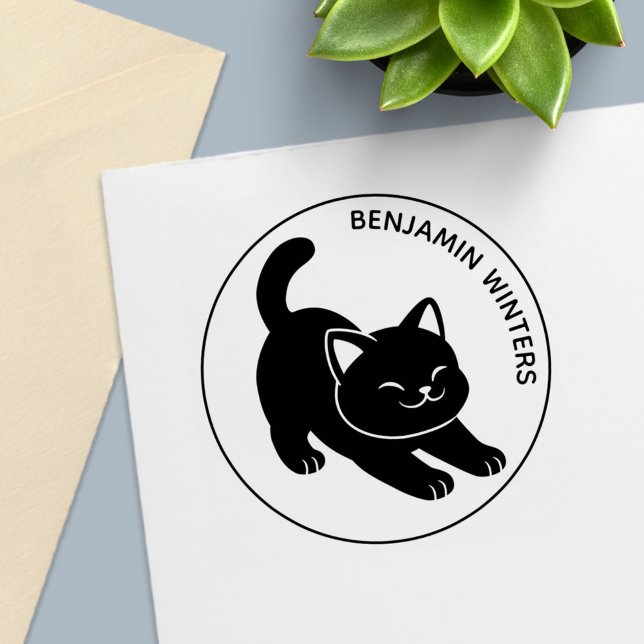 Sello Automático Gato negro estirándose Texto personalizado (Subido por el creador)