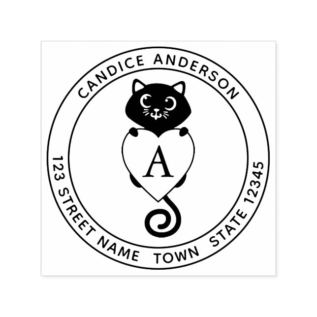 Sello Automático Gato negro lindo con monograma cardíaco (Diseño)