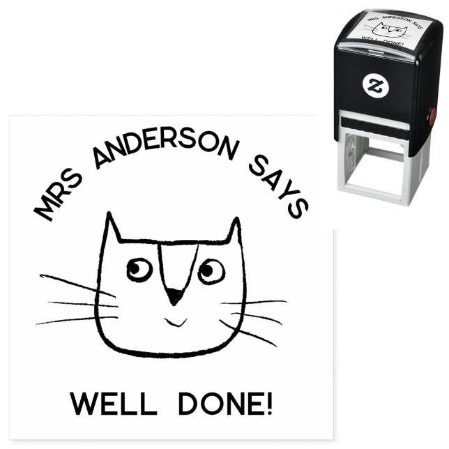 Sello Automático Gato Personalizado divertido de estímulo de nombre (Fun cartoon cat personalized teacher name well done school classroom encouragement self inking stamp)