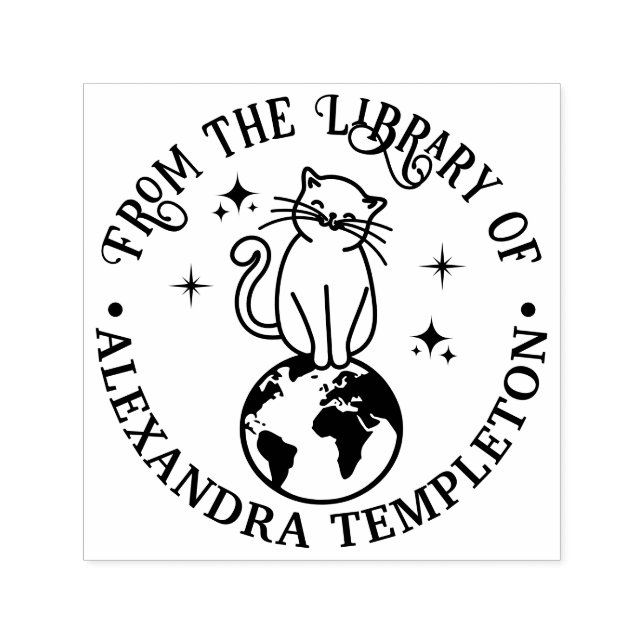Sello Automático Gato sentado en la parte superior del libro número (Diseño)