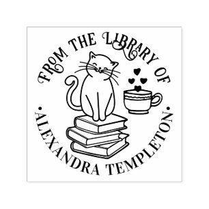 Sello Automático Gato sentado sobre libros #3, Taza de café Bibliot