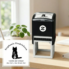 Sello Automático Gato Silueta Negra Floral Amante de las Mascotas