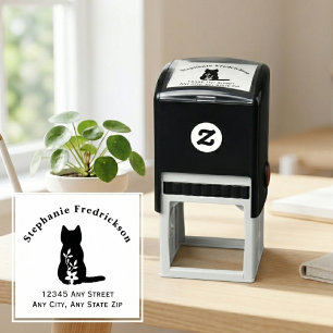 Sello Automático Gato Silueta Negra Floral Amante de las Mascotas