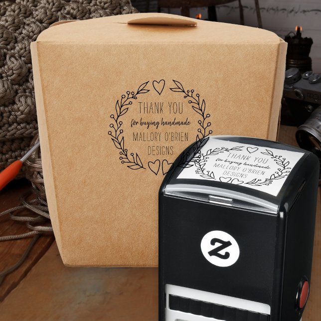 Sello Automático Gracias Doodle Botanath Personalizado (Thank you for buying handmade.. self-inking stamp with business name and line drawn wreath)