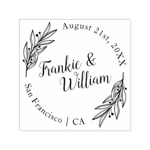 Sello Automático Guión personalizado y hojas elegantes   Boda de re