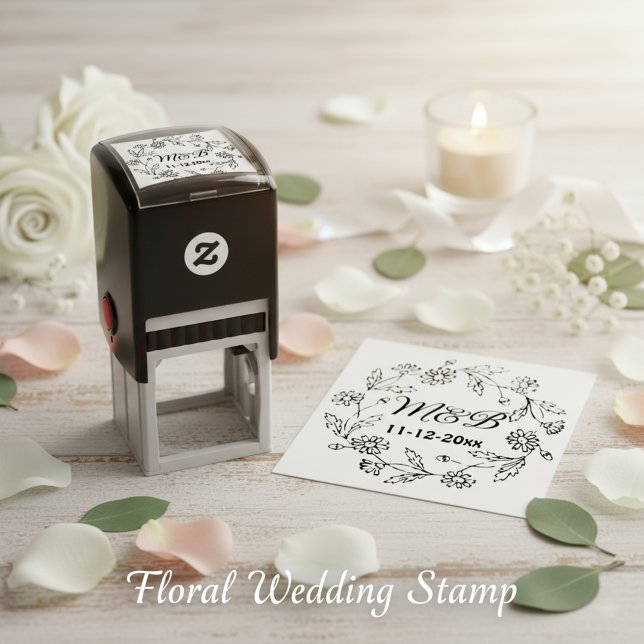 Sello Automático Guirnalda floral rústica con monogramas y fecha de (Rustic floral wedding stamper. 🌼❤️)
