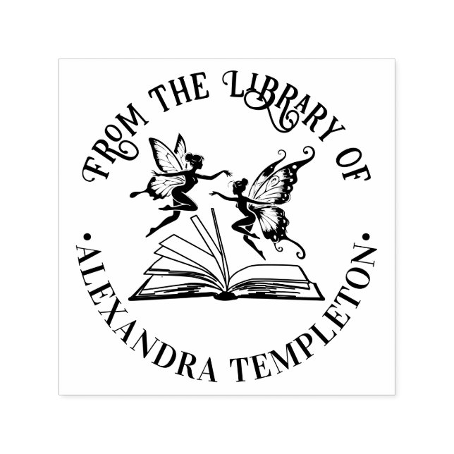 Sello Automático Hadas vuelan sobre libro abierto “De la biblioteca (Diseño)