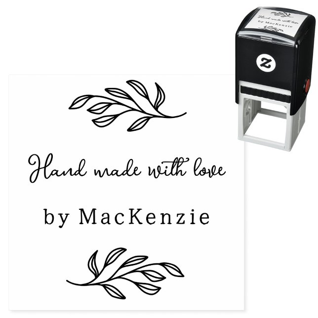 Sello Automático Hand Made With Love Personalized Botanical Leaf (Hand Made with Love custom name botanical leaf line art small business maker self inking stamp)