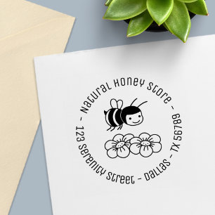 Sello Automático Happy Bee and Flowers Round Business Address