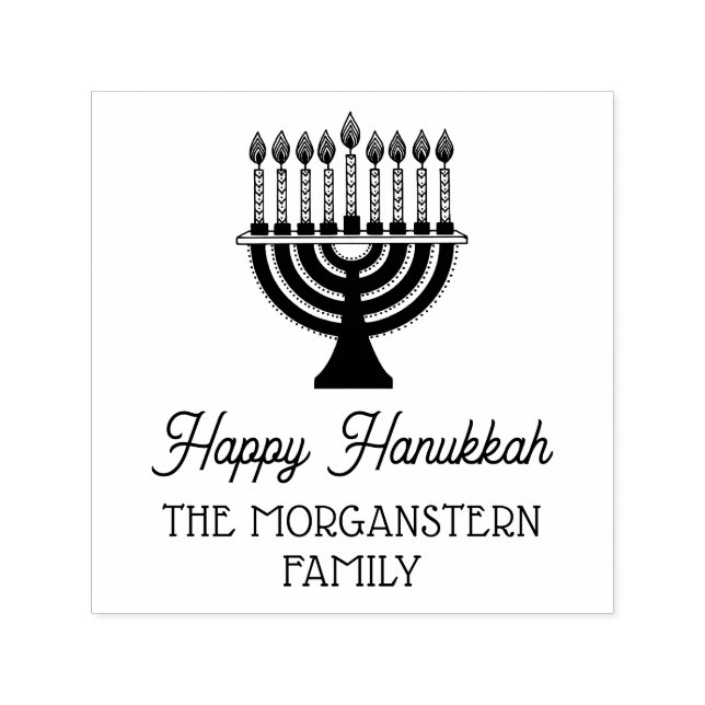 Sello Automático Happy Hanukkah Chanukah Lit Menorah Family Name (Diseño)