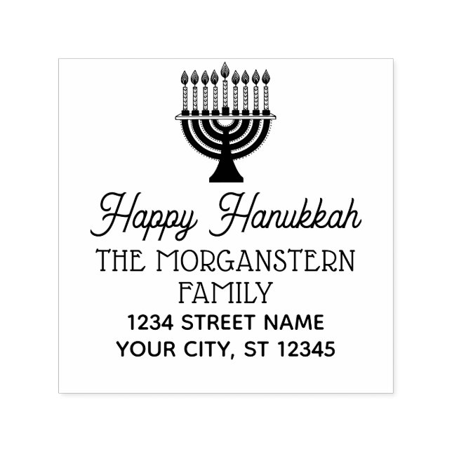 Sello Automático Happy Hanukkah Chanukah Lit Menorah Name Address (Diseño)