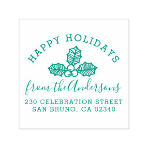 Sello Automático Happy Holidays Holly Family Name & Return Address