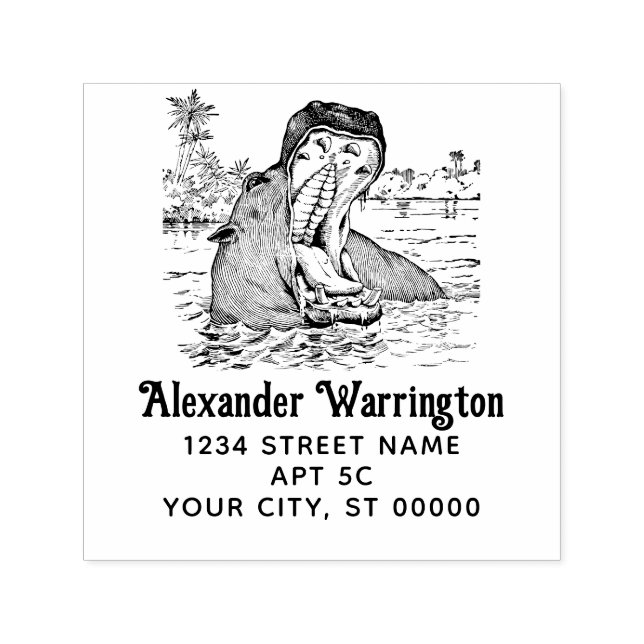 Sello Automático Hipopótamo en agua mandíbulas abiertas nombre dire (Diseño)