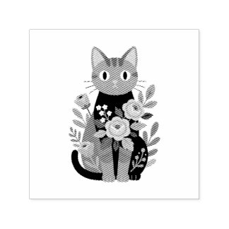 Sello Automático Ilustración de gato floral púrpura