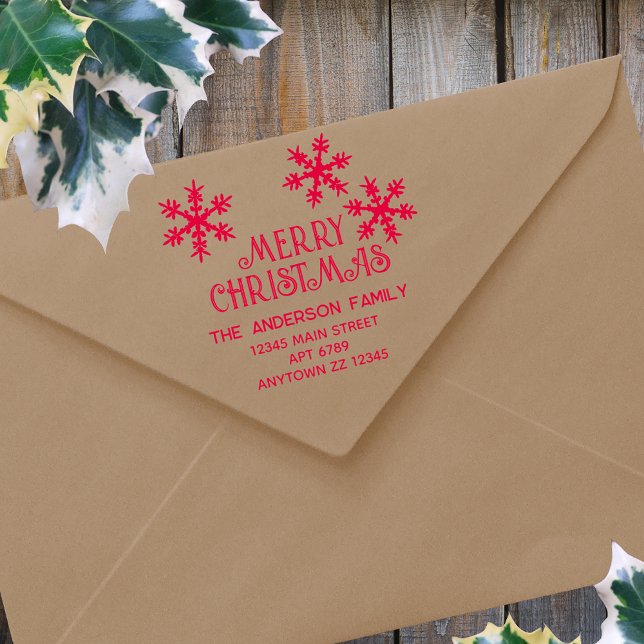 Sello Automático Invierno Copos de nieve Feliz Regreso de Navidad (Use this personalized winter snowflake return address self inking stamp to add a festive touch)