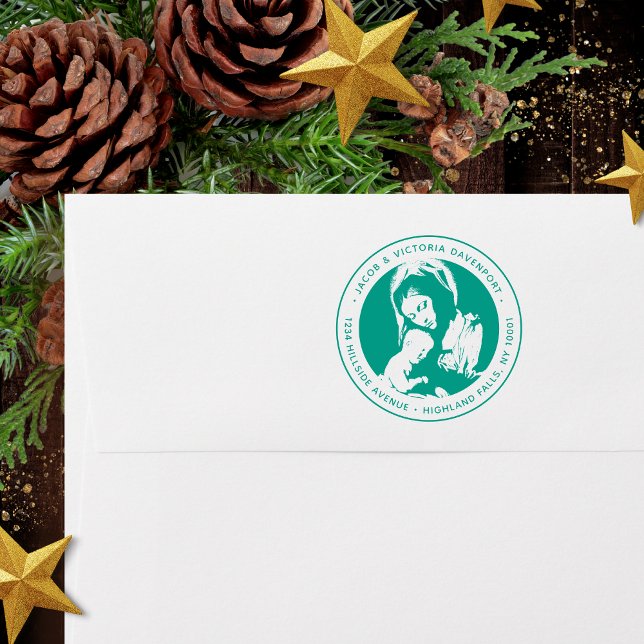 Sello Automático La Virgen Católica y el Retorno Verde Infantil (Religious Christmas return address stamp in green ink with Madonna and Child for Catholics)