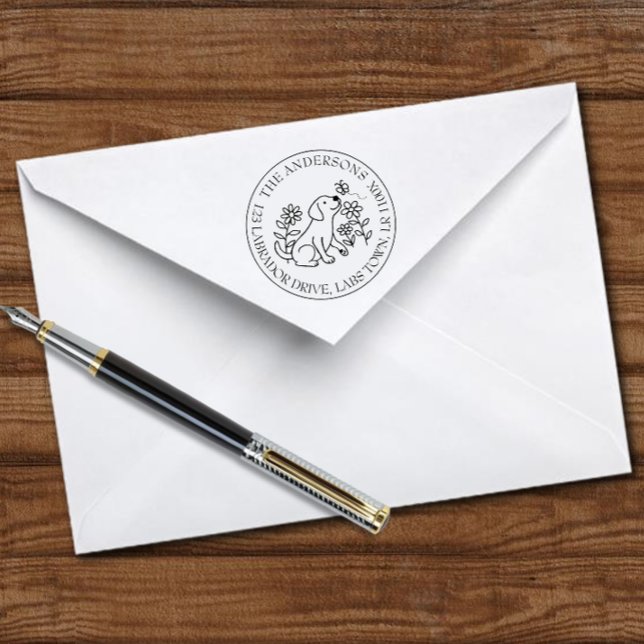 Sello Automático Labrador, cachorro, flores, círculo, dirección de  (Labrador Puppy Flowers Cercle Return Address Self-inking Stamp for Labrador Owners.  Cute Cartoon.)