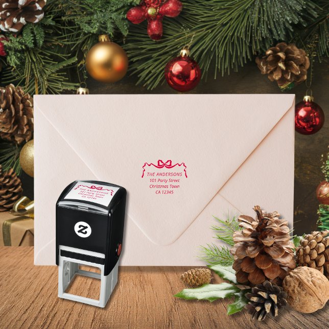 Sello Automático Lazo de cinta roja dibujado a mano con dirección d (Red Christmas Ribbon Bow self inking stamp return address label)