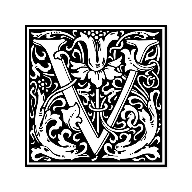 Sello Automático Letra V art nouveau tile blanco y negro (Diseño)