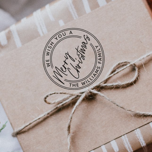 Sello Automático Letras de guión Feliz Navidad (Modern hand lettered Merry Christmas self-inking holiday stamp for gifts, cards and envelopes, )