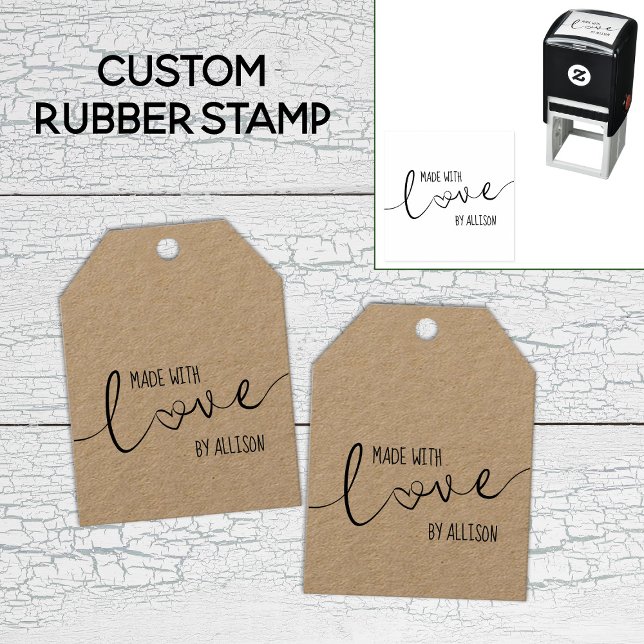 Sello Automático Letras de guión personalizadas hechas con amor 💕 (Personalized Script Lettering Made With Love 💕 Self-inking Stamp -- Customize Yours On Screen Now!
)