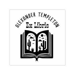 Sello Automático Libro abierto con páginas de paisaje desértico “Ex