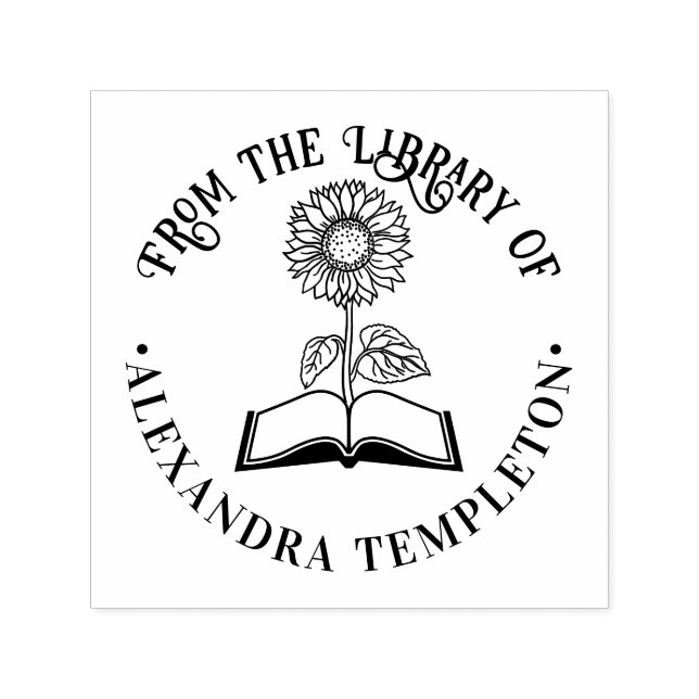 Sello Automático Libro con Girasol “De la biblioteca de” Redondo (Diseño)