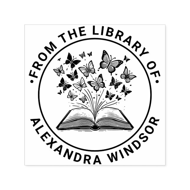 Sello Automático Libro con mariposas #2 nombre del libro de la bibl (Diseño)