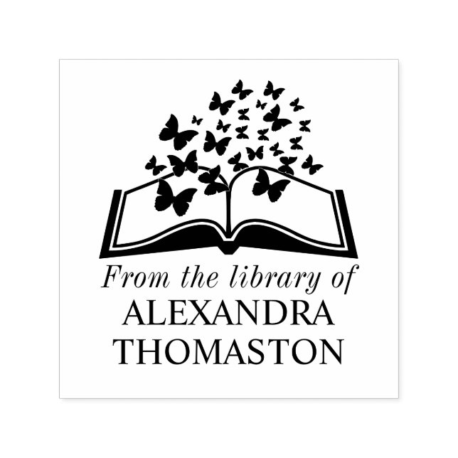 Sello Automático Libro con mariposas "De la biblioteca de" Nombre (Diseño)