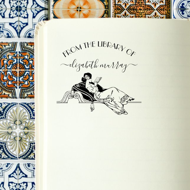 Sello Automático Libro de Personalizado de lectoras clásicas de vin (Classy Vintage Reading Woman Custom Book Self-inking Stamp. Elegant and feminine)