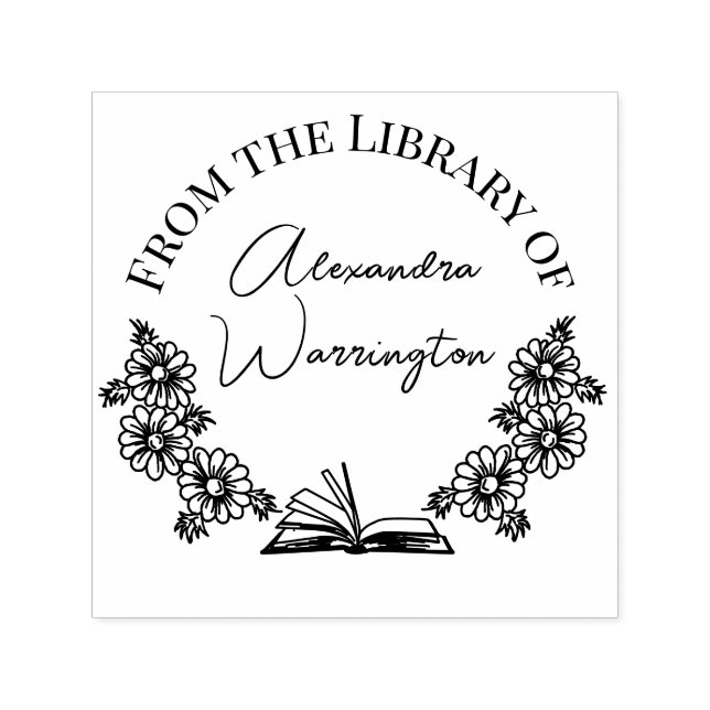 Sello Automático Libro y Daisies Botánicos #1 Nombre del guión de l (Diseño)