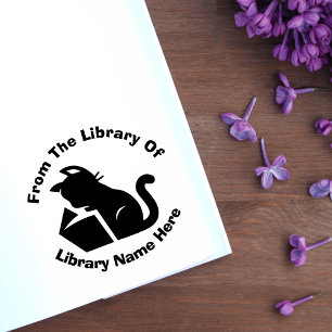 Sello Automático Libro y gato negro de la biblioteca de su nombre