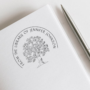 Sello Automático Libros de la Biblioteca de Flores de Árbol Vintage