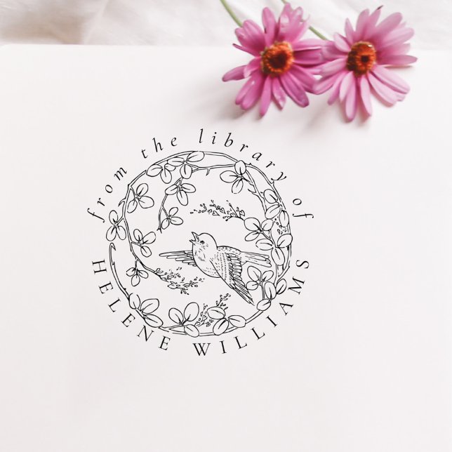 Sello Automático Libros de la Biblioteca de Personalizados de Aves  (Vintage Floral Bird Custom Library Books Self-inking Stamp)