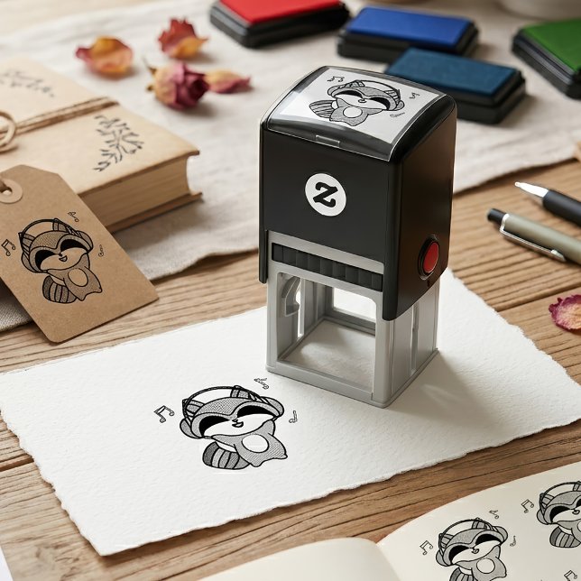 Sello Automático Lindo mapache bebé Kawaii sonriente con auriculare (Cute smiling Kawaii Baby Raccoon with Headphones. Self-inking Stamp)