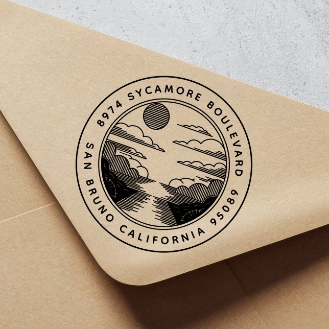Sello Automático Linocut Style Landscape Return Address Stamp (Subido por el creador)