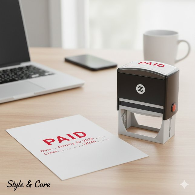 Sello Automático Listo para oficina Pagado con fecha y cheque (Office Ready Paid With Date And Check Self-inking Stamp)