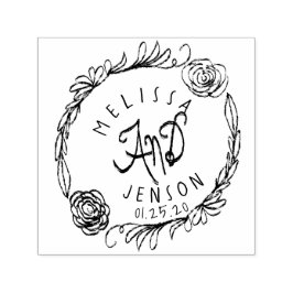 Sello Automático Logotipo de boda Rosas Verdor Corona Dibujado a Ma