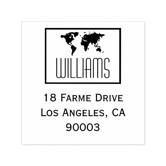 Sello Automático mapa del mundo con dirección de retorno, cuadrado  (Diseño)