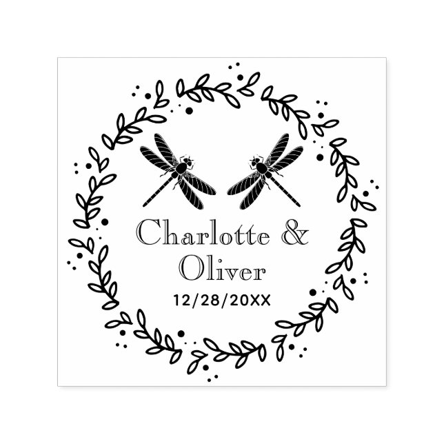 Sello Automático Marco botánico 2 Dragonflies Pareja Nombres Fecha (Diseño)