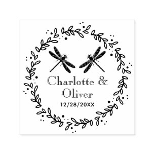 Sello Automático Marco Botánico 2 Libélulas Pareja Nombres Fecha