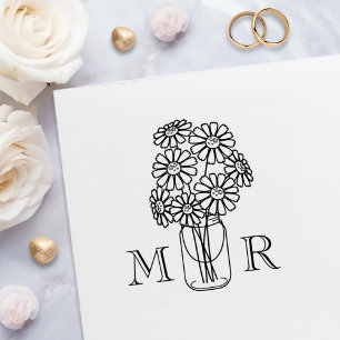 Sello Automático Mason Jar Daisy Flowers Boda Monograma Iniciales