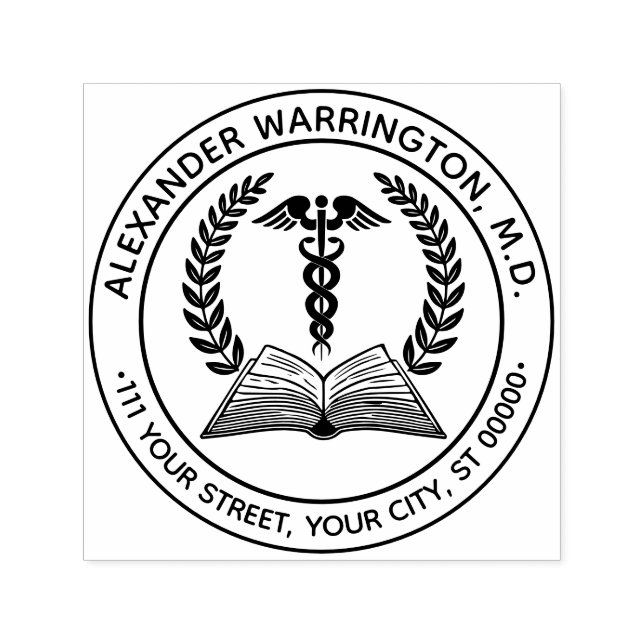 Sello Automático Médico Caduceo #1LR Nombre Dirección del Libro (Diseño)