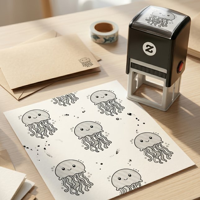 Sello Automático Medusa bebé Kawaii sonriente con burbujas (Cute smiling Kawaii Baby Jellyfish with Bubbles. Self-inking Stamp)