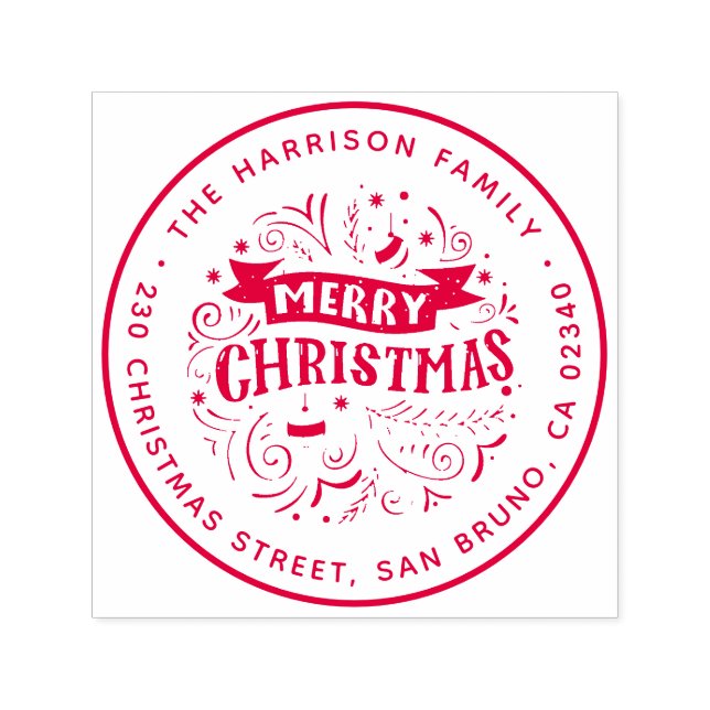 Sello Automático Merry Christmas Banner Round Family Return Address (Diseño)