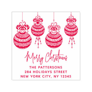 Sello Automático Merry Christmas Baubles Family Name Return Address
