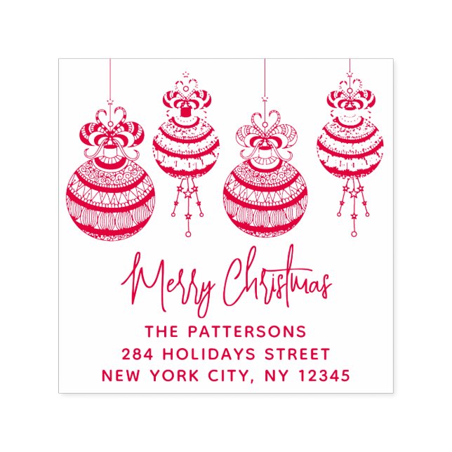 Sello Automático Merry Christmas Baubles Family Name Return Address (Diseño)