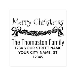 Sello Automático Merry Christmas Holly & Bells Name Return Address