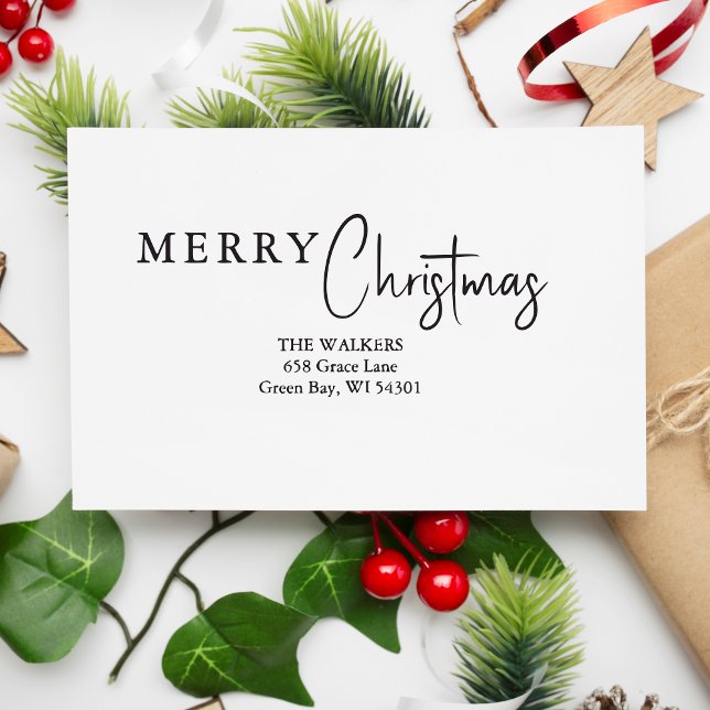 Sello Automático Merry Christmas Minimalist Family Address  (Merry Christmas Minimalist Family Address Modern Calligraphy Script self-inking stamp.)