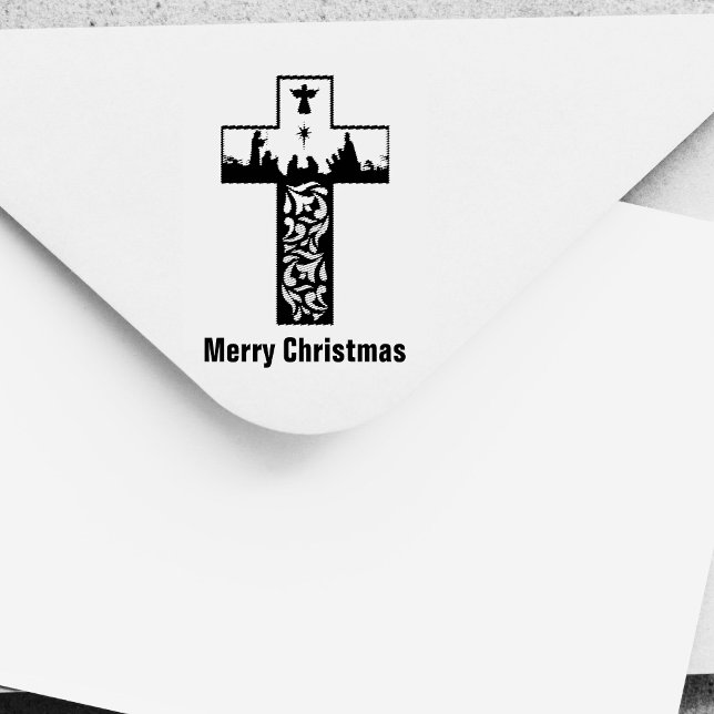 Sello Automático Merry Christmas Nativity Cross Silhouette (Merry Christmas Nativity Cross Silhouette Self-inking Stamp)